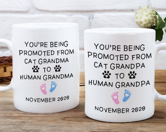 Custom grandma mug cat grandma pregnancy reveal mug couples mug, Promoted to human grandpa grandma mug set baby announcement