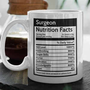 Funny Surgeon Gift Nutrition Facts Mug, Plastic Surgeon Gift Thank You Doctor Mug, Surgeon Mug Doctor Leaving Gift, Healthcare Gifts