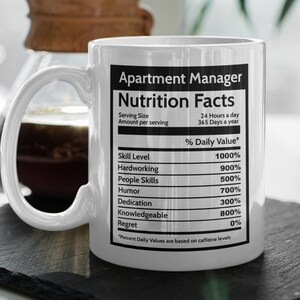 Apartment Manager Nutrition Facts Mug, Property Manager Mug Office Manager Gifts, Coworker Retirement Office Staff Gifts Appreciation Gift