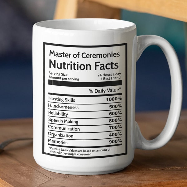 Master of Ceremonies wedding Nutrition Facts, Will you be our MC proposal mug wedding favors, Engagement party gift bachelor party cups