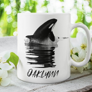 Orca coffee mug custom name mug, Killer whale art personalized whale gift, Orca whale best friend mug personalized name coffee mug