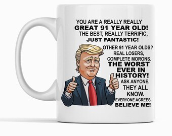 91st Birthday Gift Donald Trump Birthday Mug, President Trump Thumbs Up Merch Best Friend 91st Birthday Mug, 91 Year Old Birthday Present