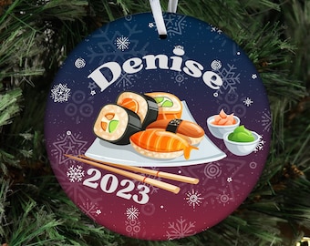 Sushi Ornament Personalized Gift, Sushi Decor Custom Name and Date Ornament, Foodie White Elephant Gifts, Sushi Lover Customized Ornament