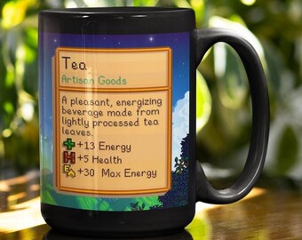 Stardew Valley Tea Stats Black Mug Pixel Gift Video Gamer, Retro Gaming Pixelated Video Game Coffee Cup, Farm Adventure Stardew Valley Gift