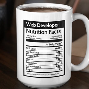 Peut inclure: Une tasse à café blanche avec un graphique noir et blanc qui indique "Web Developer Nutrition Facts" avec une liste de compétences et leur valeur quotidienne en pourcentage. Les compétences répertoriées sont : Niveau de compétence, Travail acharné, Compétences interpersonnelles, Humour, Dévouement, Connaissance et Regret.
