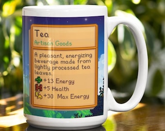 Stardew Valley Tea Stats Mug Pixel Gift for Video Gamer, Retro Gaming Pixelated Video Game Coffee Mug, Farm Adventure Stardew Valley Gift