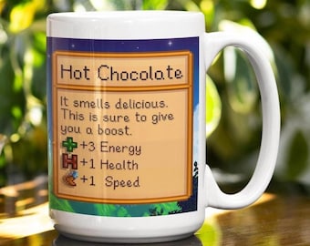 Stardew Valley Hot Chocolate Stats Mug Pixel Gift for Video Gamer, Retro Gaming Video Game Coffee Mug, Farm Adventure Stardew Valley Gift