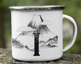 Letter I custom campfire mug monogram mug, Unique camping gifts fall coffee mug 12oz enamel, Custom camp mugs minimalist gift nature mug