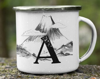 Letter A custom campfire mug, Monogram mug unique camping gifts fall coffee mug 12 enamel, Custom camp mugs minimalist gift nature mug