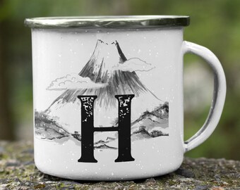 Letter H custom campfire mug, Monogram mug unique camping gifts fall coffee mug 12 enamel, Custom camp mugs minimalist gift nature mug