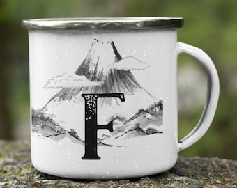 Letter F custom campfire mug monogram mug, Unique camping gifts fall coffee mug 12 enamel, Custom camp mugs minimalist gift nature mug