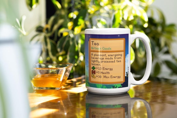Stardew Valley Tea Stats Mug Pixel Gift for Video Gamer, Retro Gaming Pixelated Video Game Coffee Mug, Farm Adventure Stardew Valley Gift