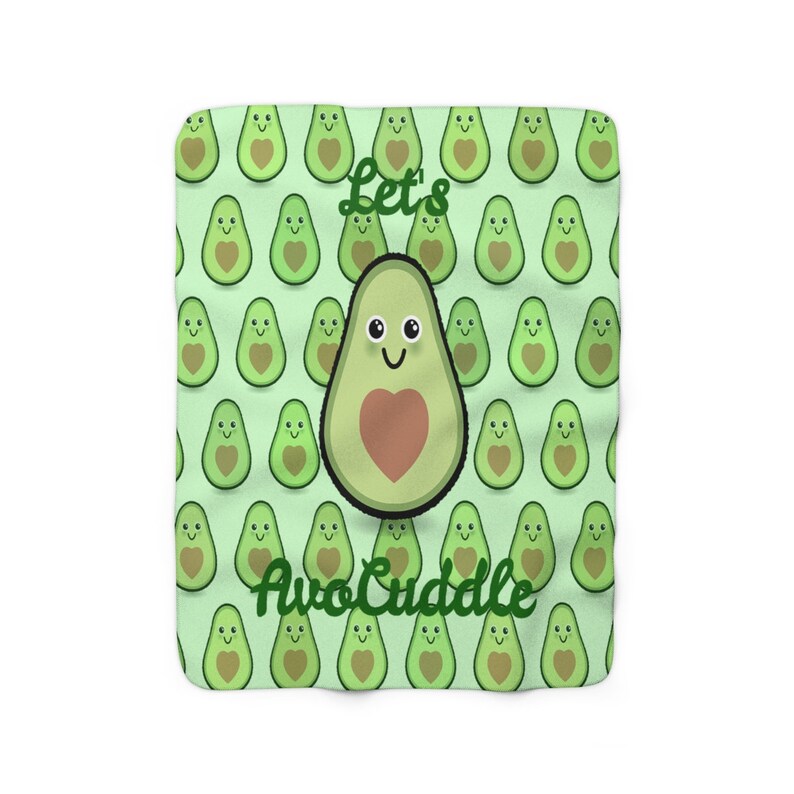 May include: Green and brown avocado pattern with a smiling avocado in the center. The avocado has a heart in the center and the text "Let's Avo Cuddle" is below it.