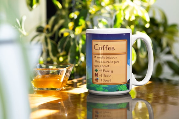 Stardew Valley Coffee Stats Mug, Gift for Video Gamer, Pixelated Coffee Cup, Video Game Gift