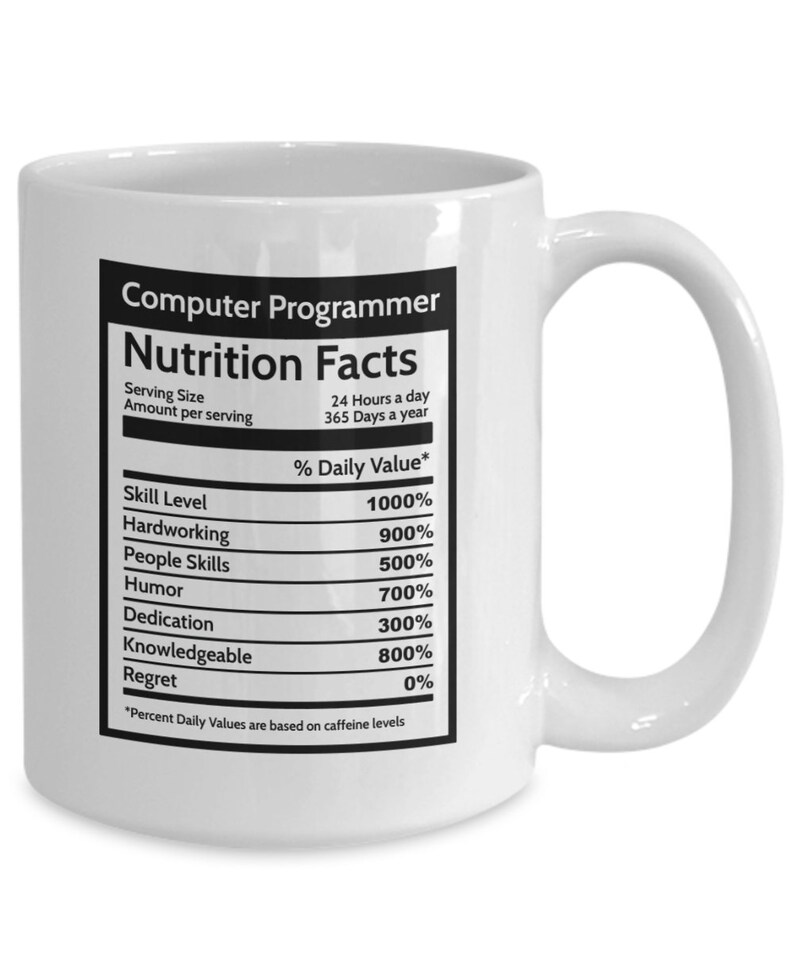 K&ouml;nnte beinhalten: Eine wei&szlig;e Keramik-Kaffeetasse mit einer schwarzen Grafik eines N&auml;hrwert-Etiketts f&uuml;r einen Computerprogrammierer. Das Etikett listet den prozentualen Tagesbedarf an F&auml;higkeiten wie Kompetenzniveau, Flei&szlig;, soziale Kompetenz, Humor, Engagement, Sachkenntnis und Bedauern auf. Der Text am unteren Rand des Etiketts lautet "*Prozentuale Tageswerte basieren auf Koffeinspiegeln."