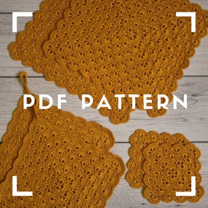 May include: Mustard yellow crochet pattern set, including a placemat, potholder, and coasters. The set features a detailed, openwork design with scalloped edges. The text "PDF PATTERN" is displayed in white.