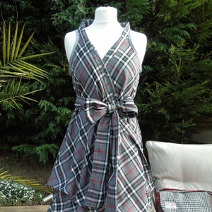 Handmade grey and black check tartan wrap dress