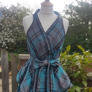 Aqua and slate grey tartan dress