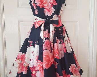 Limited edition handmade navy and pink flower ruched dress