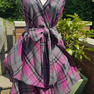 Handmade bright pink and grey tartan dress, wrapped and ruched
