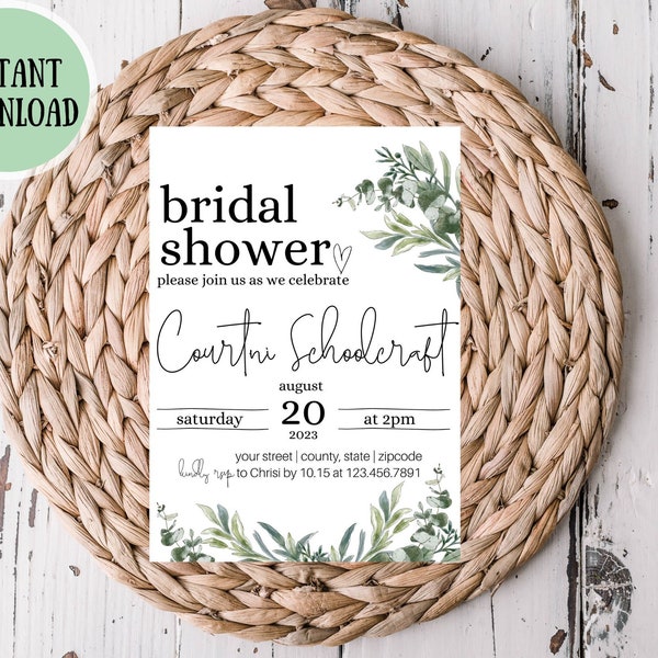 Greenery- Boho- Bridal Shower Invite  - Greenery Theme- Bridal Shower Invite - Editable Template