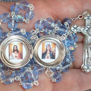 Miraculous Medal Sacred Heart of Jesus Immaculate Heart of Mary Locket Rosary--Stunning!