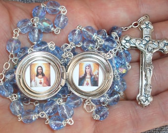 Miraculous Medal Sacred Heart of Jesus Immaculate Heart of Mary Locket Rosary--Stunning!