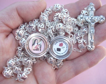St Therese RELIC locket rosary with beautiful pink double capped beads
