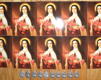 10 Saint Therese prayer cards and 10 St Therese medals