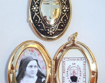 St Therese relic locket with little rhinestones--Large and beautifully detailed