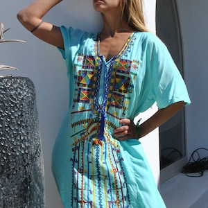 Turquoise Siwa embroidered Kaftan dress, Cotton Kaftan, caftans for women, Summer Kaftan, Embroidered caftans, Egyptian cotton caftan