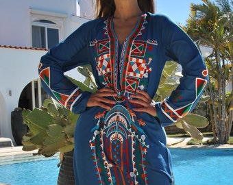 Siwa Blue embroidered cotton Caftan with pocket, embroidered caftan dress, Caftan dress, Caftan maxi dress, Caftans for women, Caftans