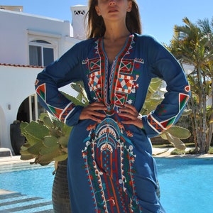 Siwa Blue embroidered cotton Caftan with pocket, embroidered caftan dress, Caftan dress, Caftan maxi dress, Caftans for women, Caftans