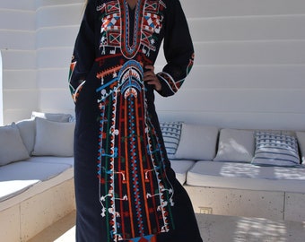 Siwa Navy Blue embroidered cotton Caftan with pocket, Kaftan maxi, embroidered Caftan dress, Caftan maxi dress, Caftans for women, Caftan