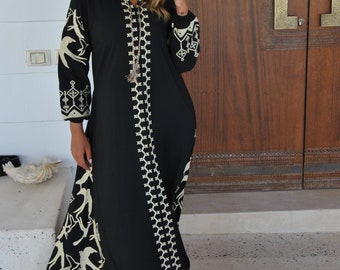 Black flock of birds embroidered Caftan, caftans for women, embroidered Caftan dress, Caftan maxi dress, Caftans for women, Caftans