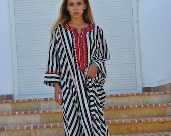 Black Striped Elegant Embroidered Kaftan Dress Bohemian Kaftan