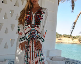 Siwa White embroidered cotton Caftan, ,caftans Kaftan maxi dress, embroidered Caftan dress, Caftan maxi dress, Caftans for women, Caftans