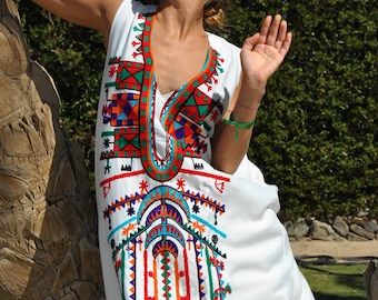 Bohemian white sleeveless Siwa embroidered caftan, embroidered Caftan dress, Caftan maxi dress, Caftans for women, Cotton caftans summer