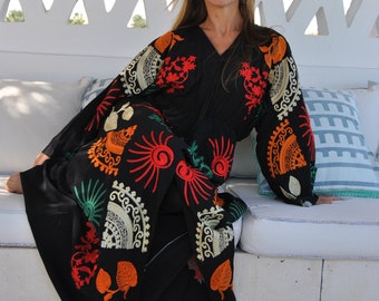 Colorful embroidered Black caftan, Cotton caftan dress, African women clothing, Boho maxi dress, Bohemian maxi dress, Boho summer caftan