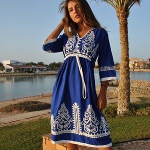 Blue Tunic embroidered kaftan, Bohemian embroidery tunic dress, embroidered tunic kaftan, Egyptian cotton. Summer, party, casual, home dress