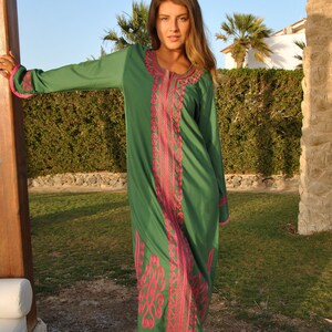 Winter Bohemian Maxi kaftan dress, Moroccan maxi caftan, Green embroidered caftan, Long sleeve maxi Kaftan, indoor wear maxi dress