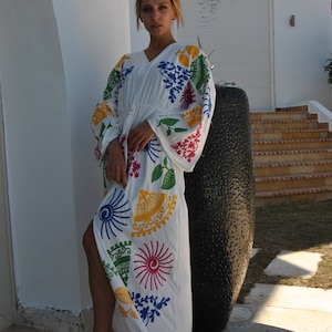 Colorful white embroidered ocean caftan, Cotton caftan dress, African women clothing, Boho maxi dress, Bohemian maxi dress, Boho caftan