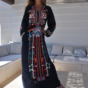 Siwa Navy Blue embroidered cotton Caftan with pocket, Kaftan maxi, embroidered Caftan dress, Caftan maxi dress, Caftans for women, Caftan