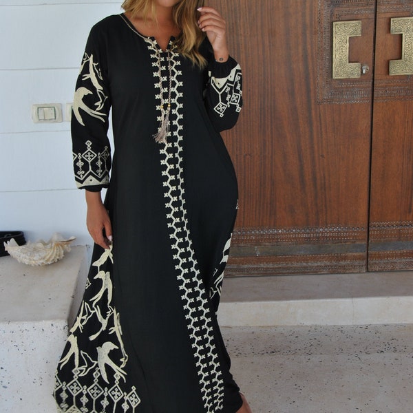 Black flock of birds embroidered Caftan, caftans for women, embroidered Caftan dress, Caftan maxi dress, Caftans for women, Caftans