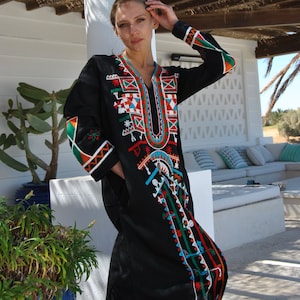 Siwa black embroidered cotton Caftan with pocket, embroidered caftan maxi dress, Caftan dress, Caftan maxi dress, Caftans for women, Caftans