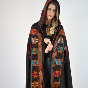 Hand embroidered hooded wool coat cloak, Bohemian Hooded Cape, Boho black winter hooded cloak, Moroccan cape, Hand embroidered cape