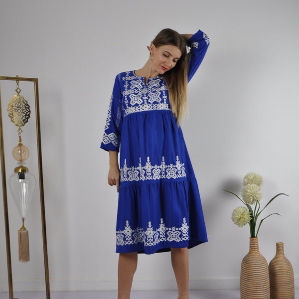 Robe tunique brodée bleue à manches longues, robe tunique bohème, tunique d'été, tunique de plage, tunique de station balnéaire, tunique hippie, caftan bleu