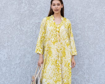 Yellow Print Maxi Kaftan Dress – Flowy Boho Resort Wear for Women