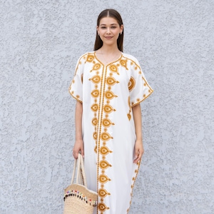 White Boho Caftan Dress – Moroccan Embroidered Kaftan for Women – Loose Fit Maxi Dress – Ramadan Eid Abaya – Resort Wear Loungewear
