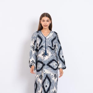 Navy Blue Ikat Viscose Maxi Dress – Boho Long Dress with Puffy Sleeves – Lightweight Flowy Tiered Dress – Summer Resort Wear for Women